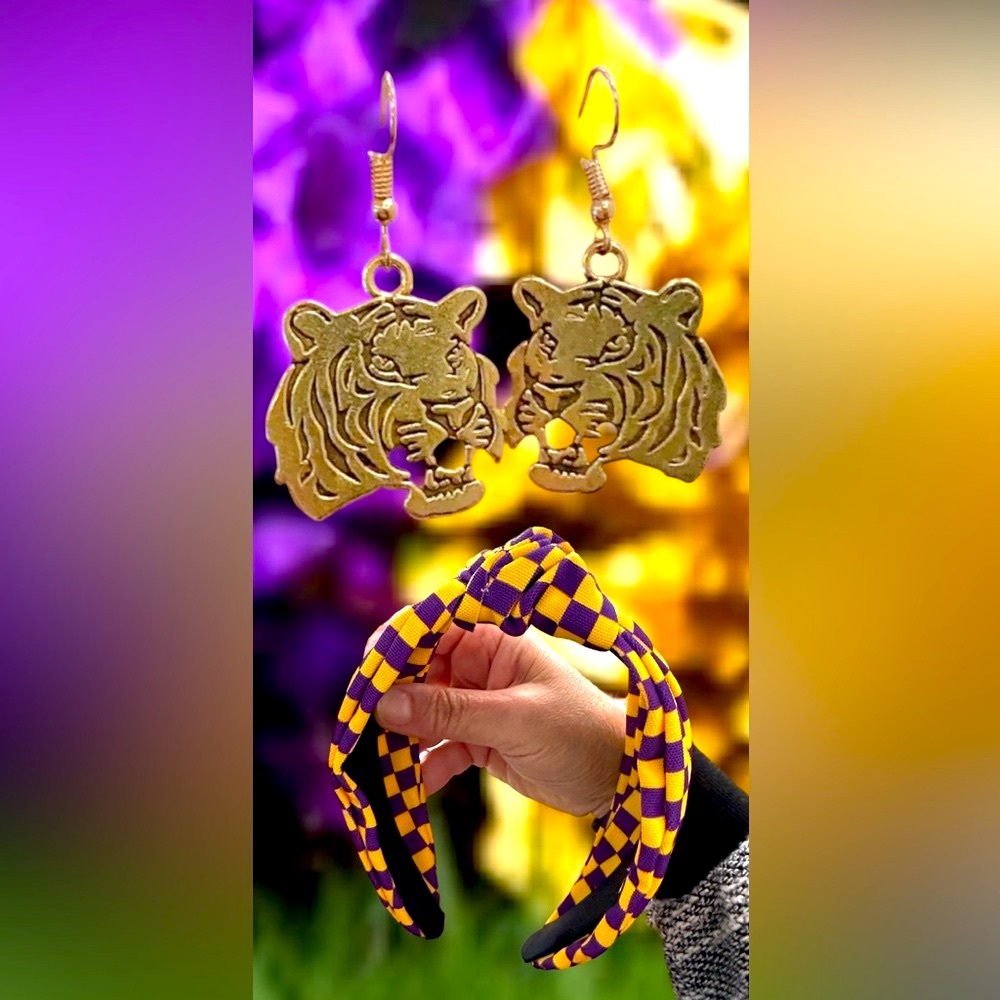 LSU purple gold check fabric knot headband Metal tiger pierced dangling earrings